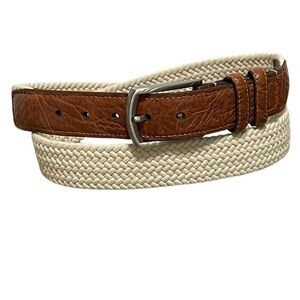 Torino Cream Woven Stretch Belt Brown Leather Trim Made in USA 69510 Size 40